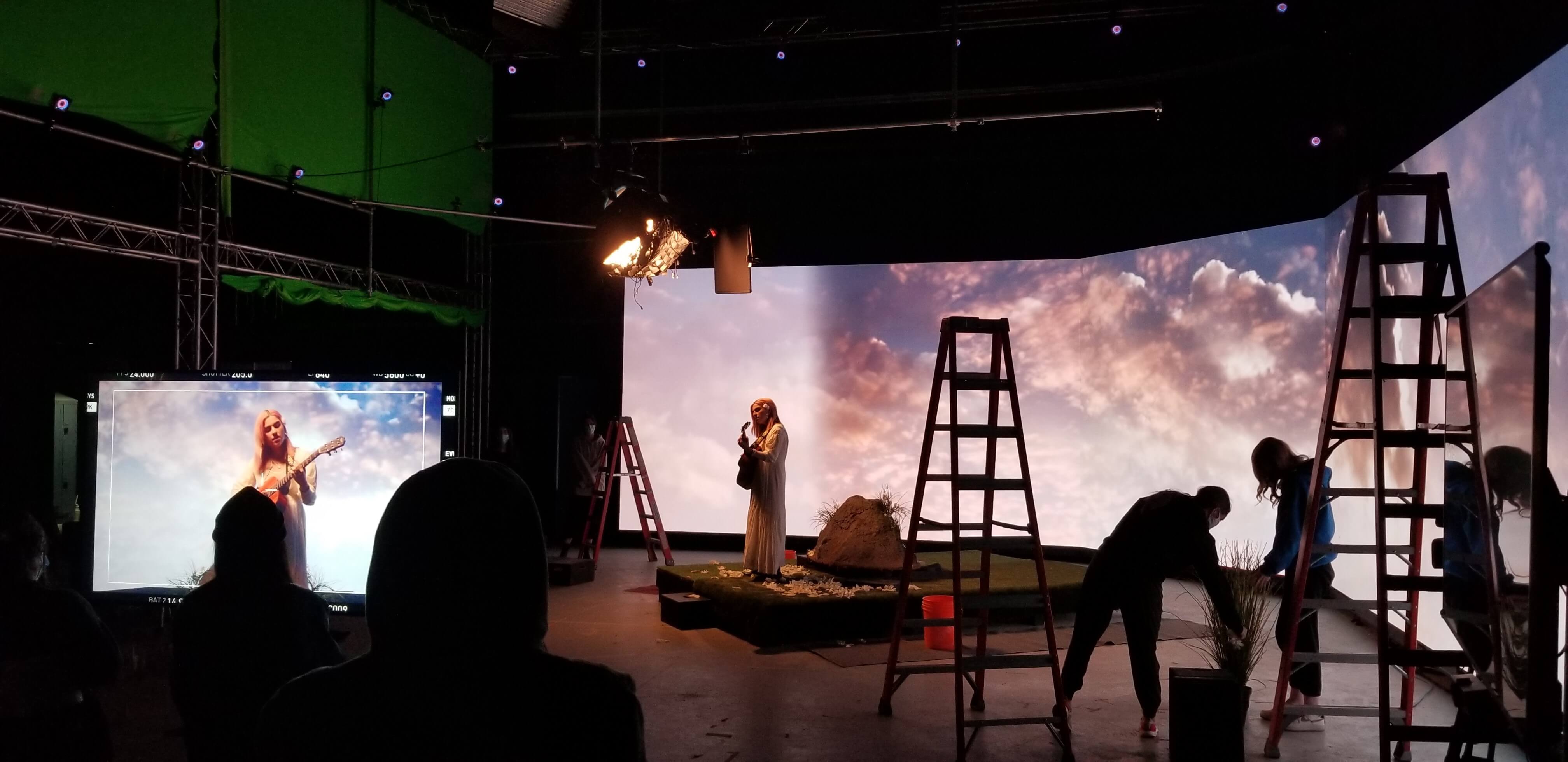 On-camera LED wall background for film and music video production